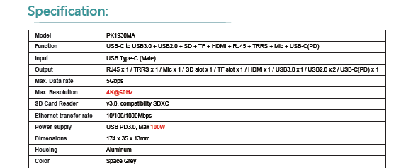 USB-C to USB3.0*1 + USB2.0 *2+ SD + TF + HDMI + RJ45 + TRRS + Mic + USB-C(PD)(图1)