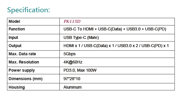 PK115D  USB-C To HDMI + USB-C(Data) + USB3.0 + USB-C(PD)(图1)