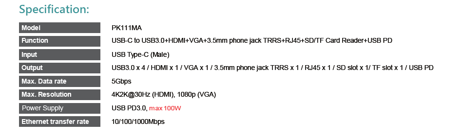 PK111MA  USB-C to USB3.0+HDMI+VGA+3.5mm phone jack TRRS+RJ45+SD/TF Card Reader+USB PD(图1)